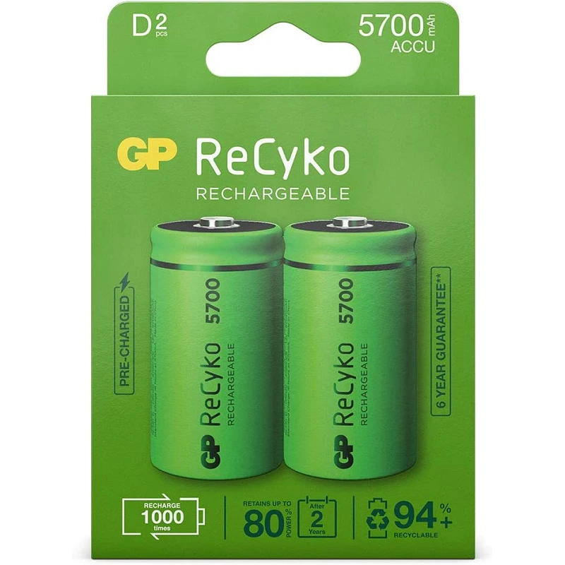 Blister de 2 pilas recargables ReCyKo D 5700 mAh. Tienda de pilas