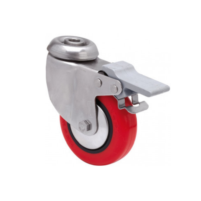 Rueda giratoria inoxidable con freno Ø60 mm de poliuretano – Agujero pasante 10 mm, carga 50 kg
