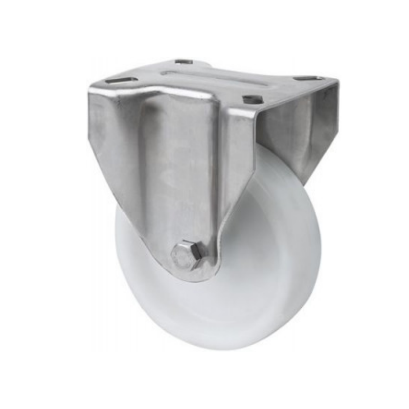 Rueda fija blanca Ø100 mm de poliamix – Soporte inoxidable sin freno