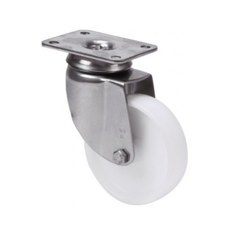 Rueda giratoria blanca Ø60 mm de polipropileno – Soporte inoxidable sin freno