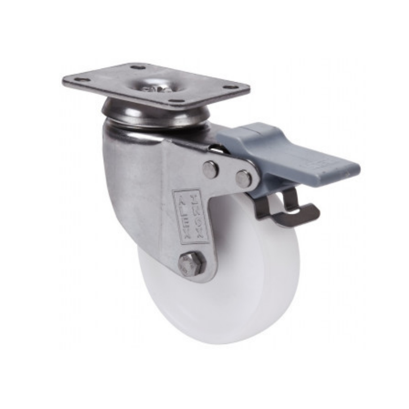 Rueda giratoria blanca con freno – Polipropileno con soporte inoxidable