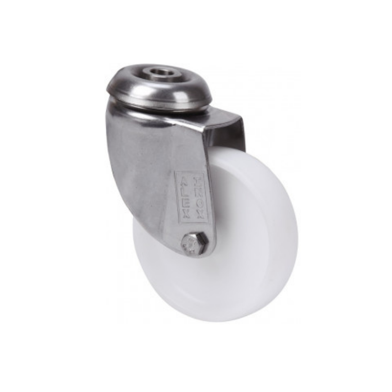 Rueda giratoria blanca sin freno Ø60 y Ø80 mm – Agujero pasante y soporte inoxidable