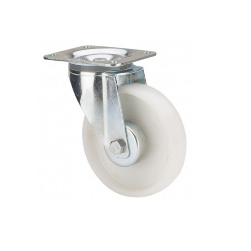 RUEDA GIRATORIA con Placa Serie 130 – Nylon Poliamix Blanco, Eje Liso