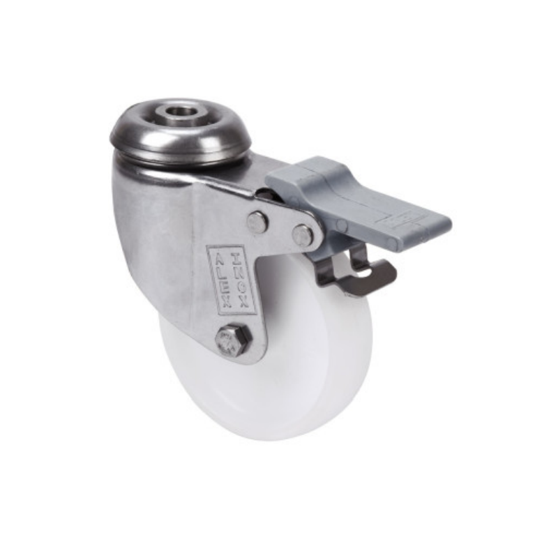 Ruedas giratorias blancas de polipropileno con freno y soporte inoxidable Ø60 y Ø80 mm