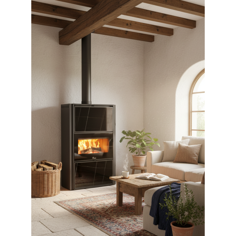 Estufa de leña Lacunza Bergen con horno | Diseño porcelánico y alto rendimiento