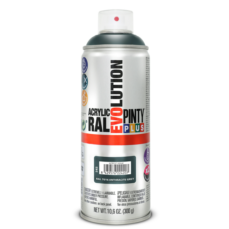 Spray acrílico brillante gris antracita RAL 7016 – PintyPlus Evolution, secado rápido y alta resistencia