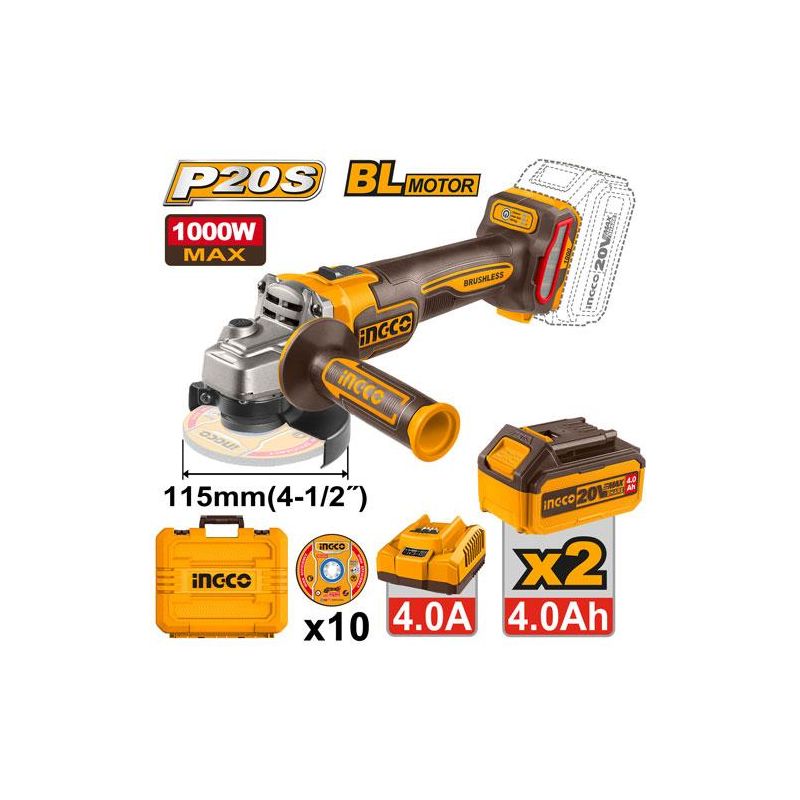 Amoladora a batería BL P20S 1000W + 2 BAT. 4.0Ah + Cargador + 10 discos CAGLI271532E