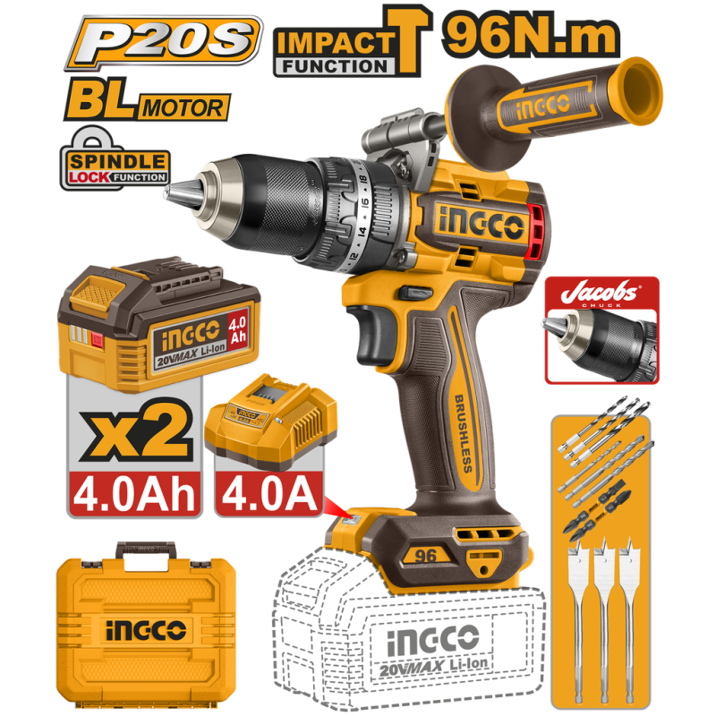 Atornillador con percutor 96Nm 20V + 2 baterías 4Ah + cargador