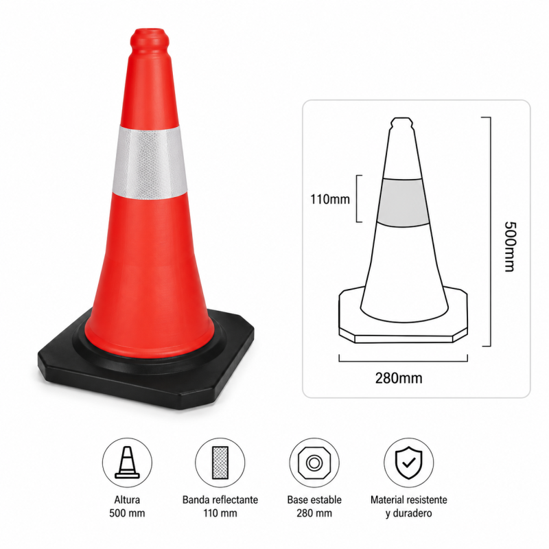 Cono de señalización de 50cm con banda reflectante y base de caucho NMZ