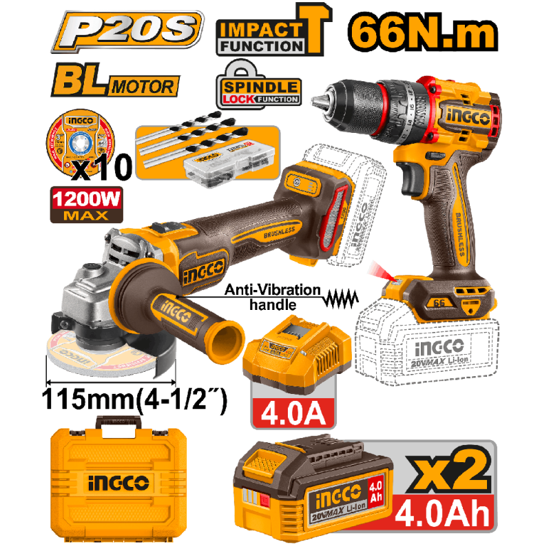 Combo 2 en 1- taladro atornillador 66Nm + llave impacto 1/2 405Nm  + 2bat 20V 2Ah + cargadorCKLI20286E
