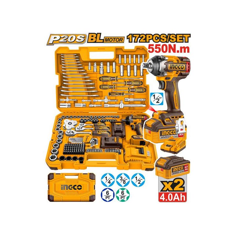 Juego de herramientas 172 piezas con llave de impacto 20V INGCO HKTHP41723E